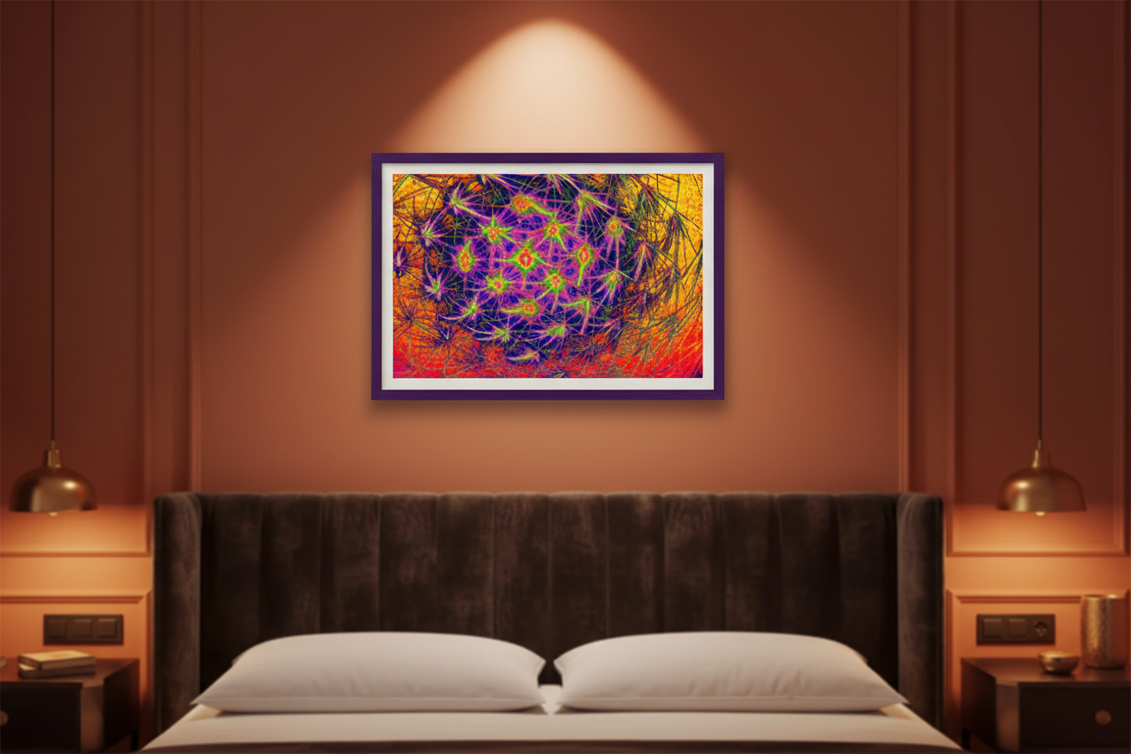 KOSMISCHES FRAKTALES NETZ Premium Kunstprint als gerahmtes Poster mit Dunkelviolettem Rahmen an Terrakotta-Oranger Wand in Warmem Luxuriösem Schlafzimmer mit Goldenem Ambiente
