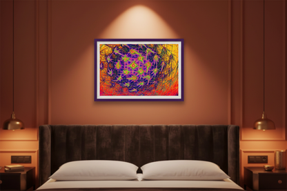 KOSMISCHES FRAKTALES NETZ Premium Kunstprint als gerahmtes Poster mit Dunkelviolettem Rahmen an Terrakotta-Oranger Wand in Warmem Luxuriösem Schlafzimmer mit Goldenem Ambiente