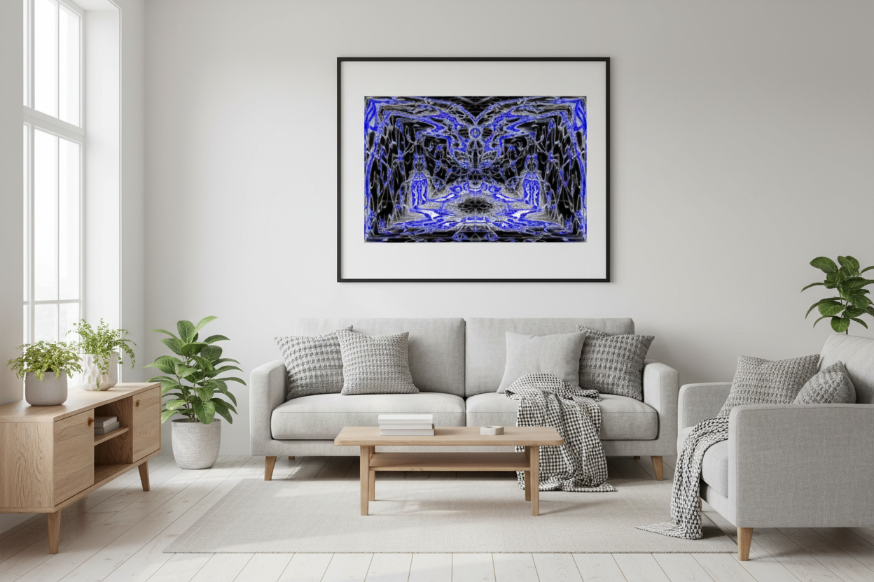 KOBALT-GEIST-MANDALA — Skandinavisches Wohnzimmer Mockup